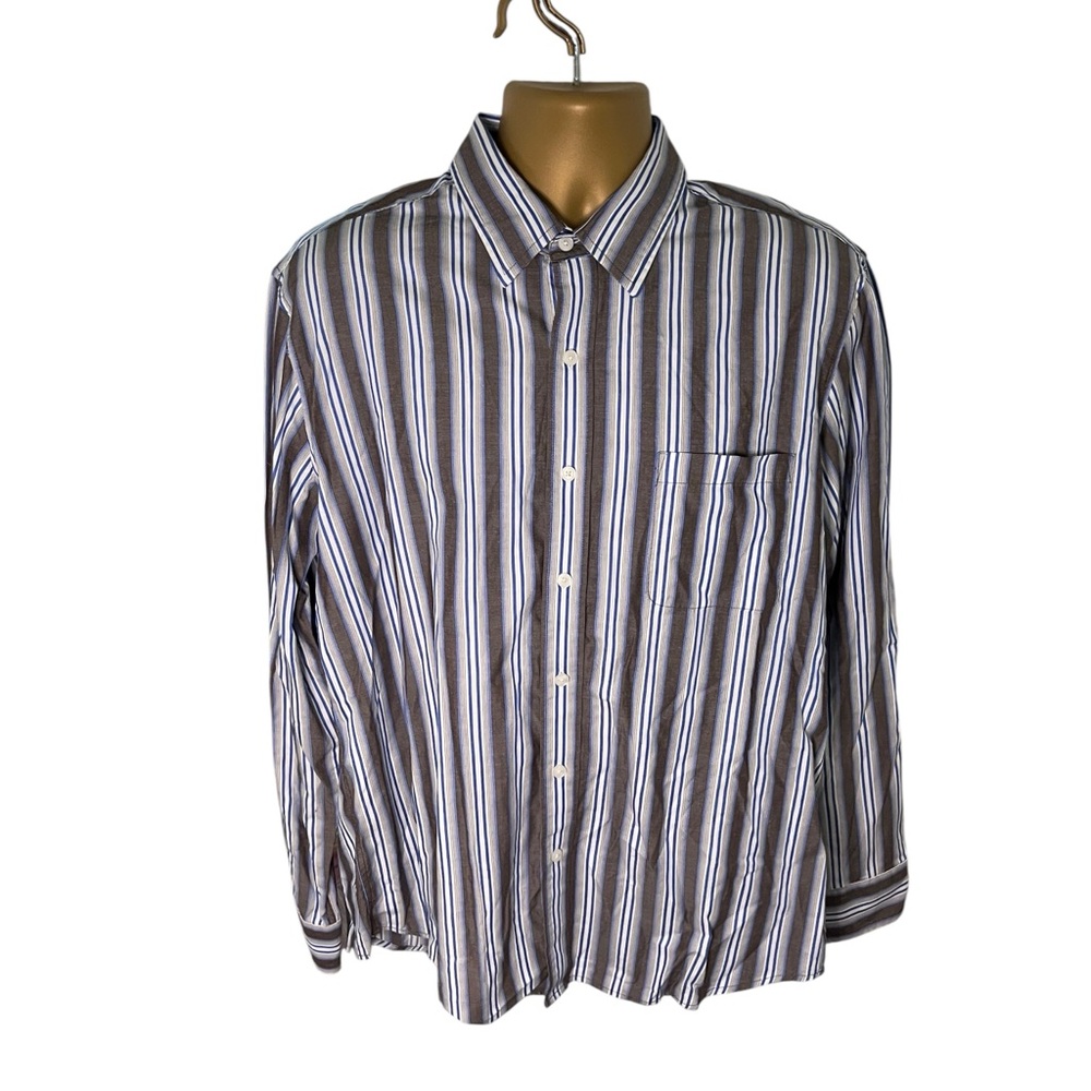 Tasso Elba Striped Button Down Shirt Textured Long Sleeve Brown Blue L